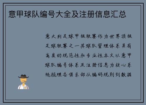 意甲球队编号大全及注册信息汇总